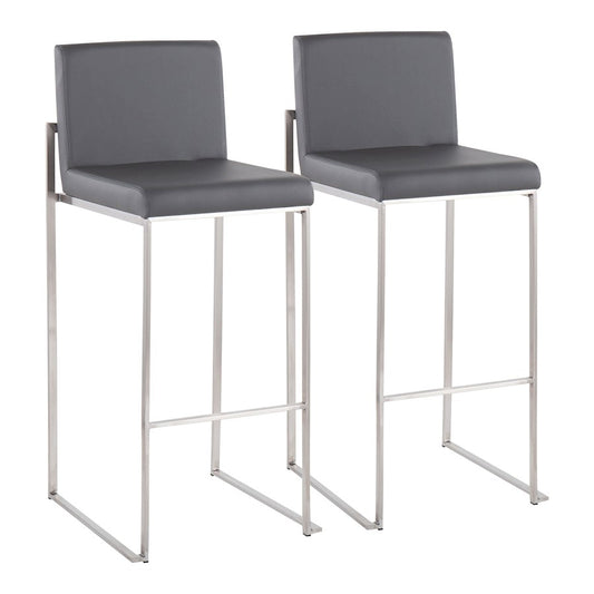 LumiSource Fuji High Back Barstool Set of 2 | Stainless Steel and Grey PU Leather | Kitchen Island & Home Bar Seating | Model B30-FUJIHBSSGY2