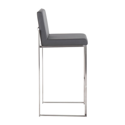 LumiSource Fuji High Back Barstool Set of 2 | Stainless Steel and Grey PU Leather | Kitchen Island & Home Bar Seating | Model B30-FUJIHBSSGY2