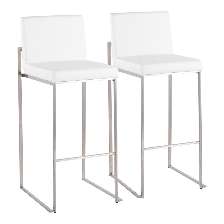 LumiSource Fuji High Back Barstool Set/2 | Contemporary White PU on Brushed Stainless Steel | Kitchen Island & Bar Seating | Model B30-FUJIHBSSW2