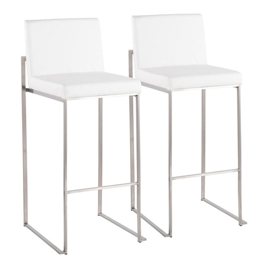 LumiSource Fuji High Back Barstool Set/2 | Contemporary White PU on Brushed Stainless Steel | Kitchen Island & Bar Seating | Model B30-FUJIHBSSW2