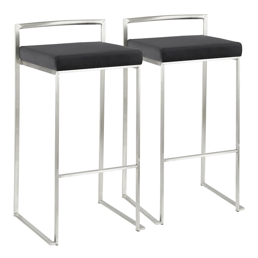 LumiSource Fuji 16in Stackable Barstool Set of 2 | Contemporary Brushed Stainless Steel and Black Velvet | Kitchen Island & Home | Model B30-FUJIVBK2