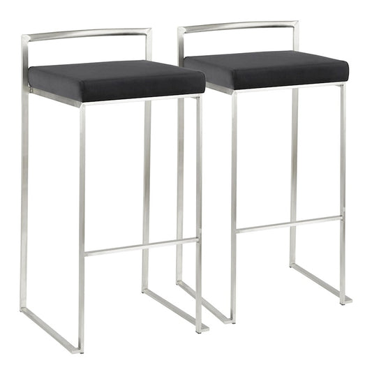 LumiSource Fuji 16in Stackable Barstool Set of 2 | Contemporary Brushed Stainless Steel and Black Velvet | Kitchen Island & Home | Model B30-FUJIVBK2