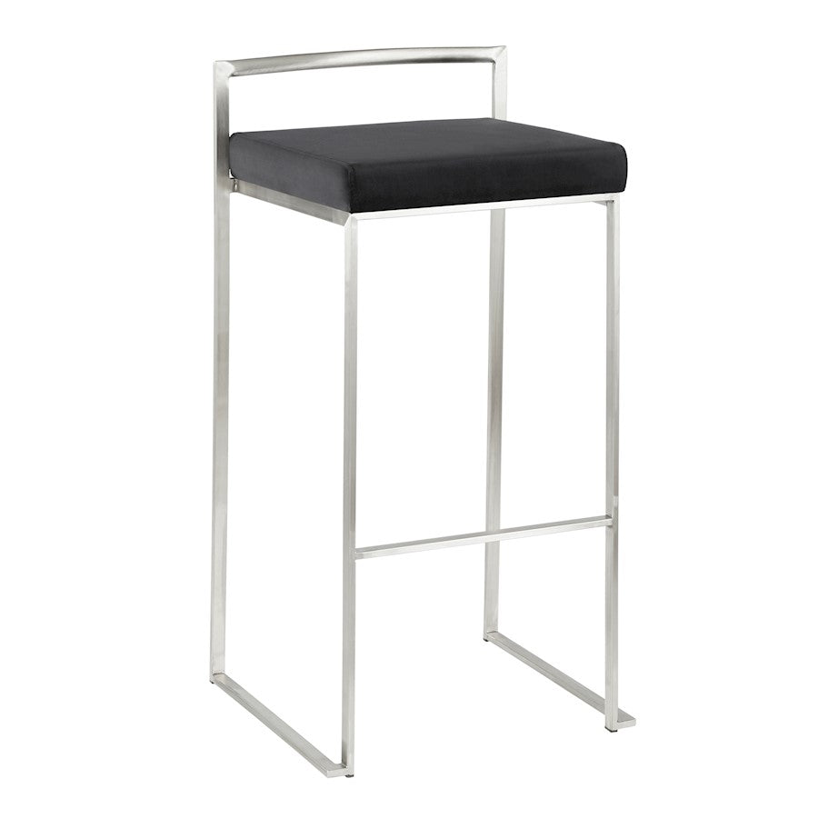 LumiSource Fuji 16in Stackable Barstool Set of 2 | Contemporary Brushed Stainless Steel and Black Velvet | Kitchen Island & Home | Model B30-FUJIVBK2