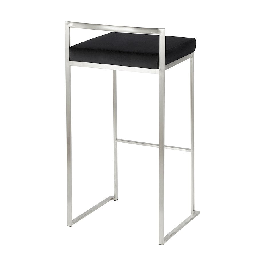 LumiSource Fuji 16in Stackable Barstool Set of 2 | Contemporary Brushed Stainless Steel and Black Velvet | Kitchen Island & Home | Model B30-FUJIVBK2