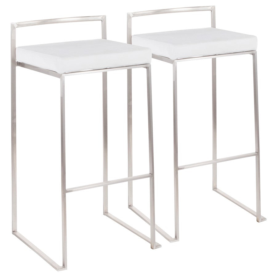 LumiSource Fuji 16in Stackable Barstool Set of 2 | Contemporary Brushed Stainless Steel and White Velvet | Kitchen Island & Home | Model B30-FUJIVW2