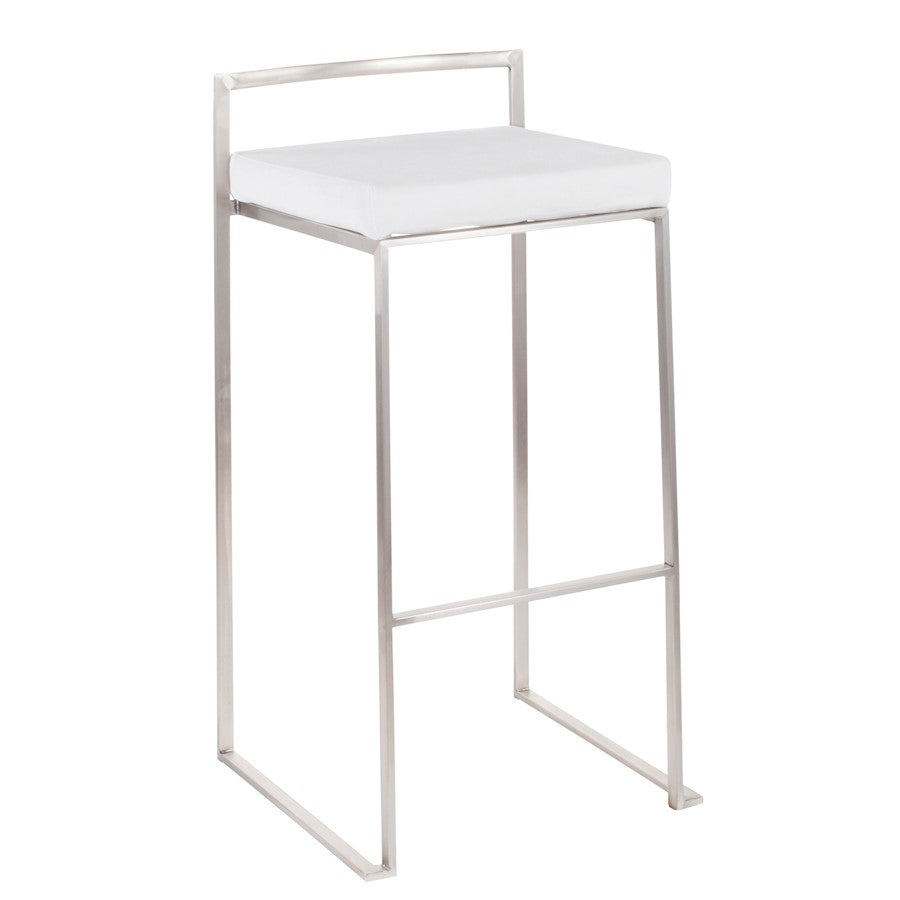 LumiSource Fuji 16in Stackable Barstool Set of 2 | Contemporary Brushed Stainless Steel and White Velvet | Kitchen Island & Home | Model B30-FUJIVW2
