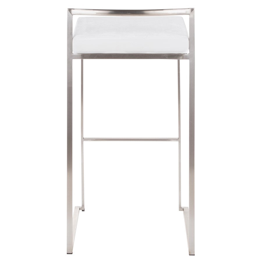LumiSource Fuji 16in Stackable Barstool Set of 2 | Contemporary Brushed Stainless Steel and White Velvet | Kitchen Island & Home | Model B30-FUJIVW2