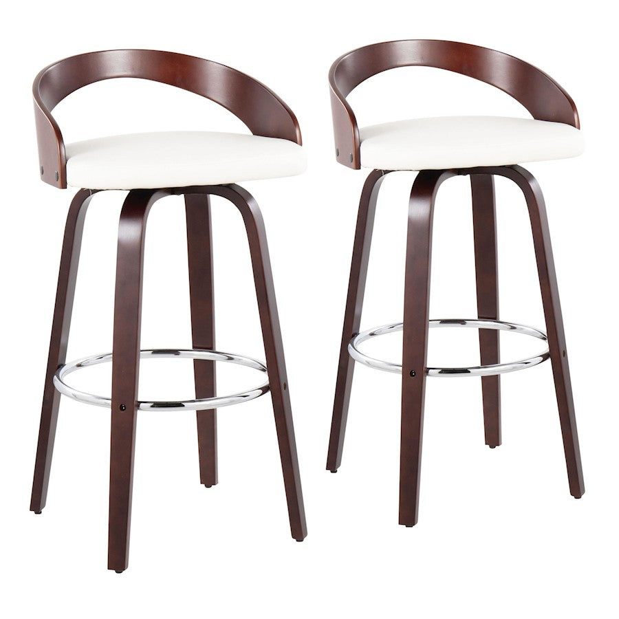LumiSource Grotto 18in Swivel Barstool Set of 2 | Mid-Century Cherry Wood and White PU with Chrome | Kitchen Island | Model B30-GROTTO2-SWVRCHW2