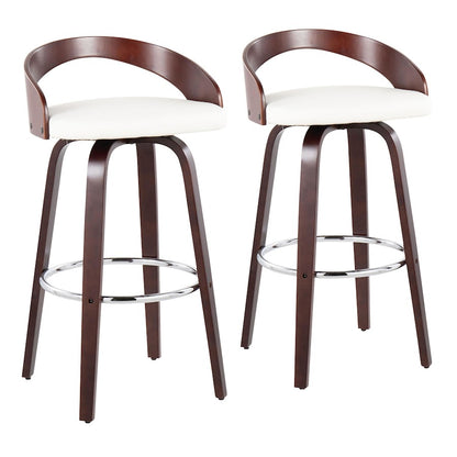 LumiSource Grotto 18in Swivel Barstool Set of 2 | Mid-Century Cherry Wood and White PU with Chrome | Kitchen Island | Model B30-GROTTO2-SWVRCHW2