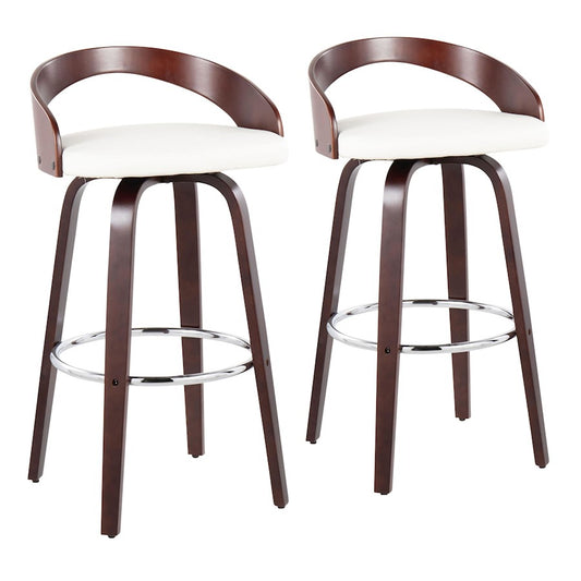 LumiSource Grotto 18in Swivel Barstool Set of 2 | Mid-Century Cherry Wood and White PU with Chrome | Kitchen Island | Model B30-GROTTO2-SWVRCHW2