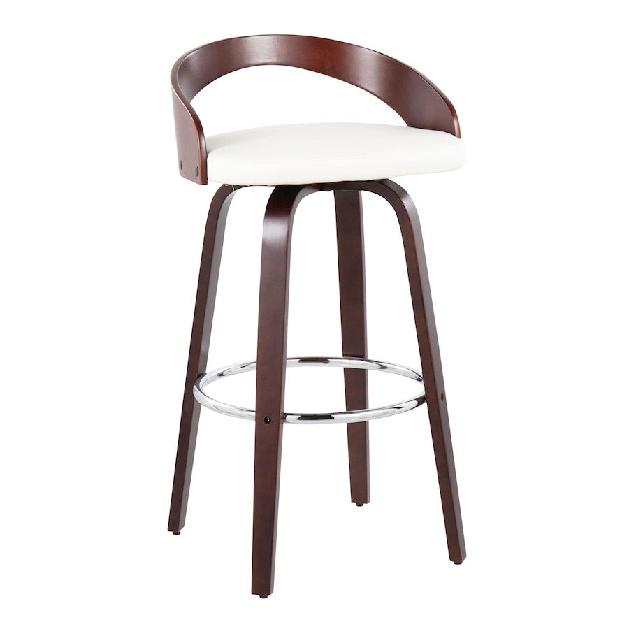 LumiSource Grotto 18in Swivel Barstool Set of 2 | Mid-Century Cherry Wood and White PU with Chrome | Kitchen Island | Model B30-GROTTO2-SWVRCHW2