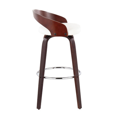 LumiSource Grotto 18in Swivel Barstool Set of 2 | Mid-Century Cherry Wood and White PU with Chrome | Kitchen Island | Model B30-GROTTO2-SWVRCHW2
