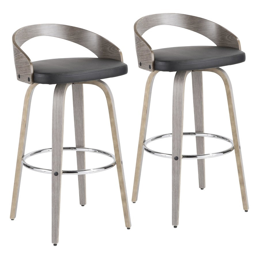 LumiSource Grotto 18in Swivel Barstool Set of 2 | Mid-Century Light Grey Wood and Black PU with Chrome | Kitchen | Model B30-GROTTO2-SWVRLGYBK2