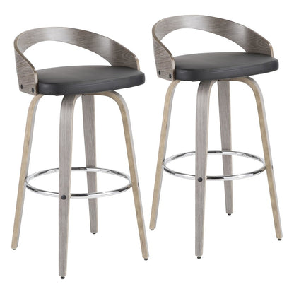 LumiSource Grotto 18in Swivel Barstool Set of 2 | Mid-Century Light Grey Wood and Black PU with Chrome | Kitchen | Model B30-GROTTO2-SWVRLGYBK2