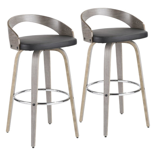 LumiSource Grotto 18in Swivel Barstool Set of 2 | Mid-Century Light Grey Wood and Black PU with Chrome | Kitchen | Model B30-GROTTO2-SWVRLGYBK2