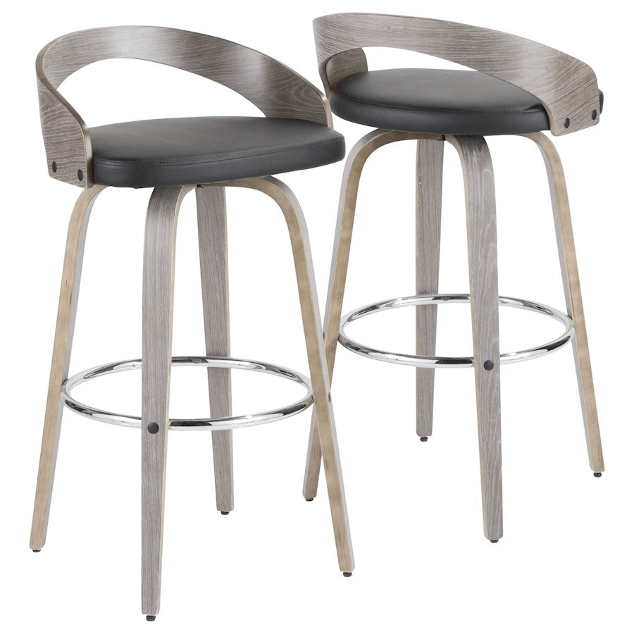 LumiSource Grotto 18in Swivel Barstool Set of 2 | Mid-Century Light Grey Wood and Black PU with Chrome | Kitchen | Model B30-GROTTO2-SWVRLGYBK2