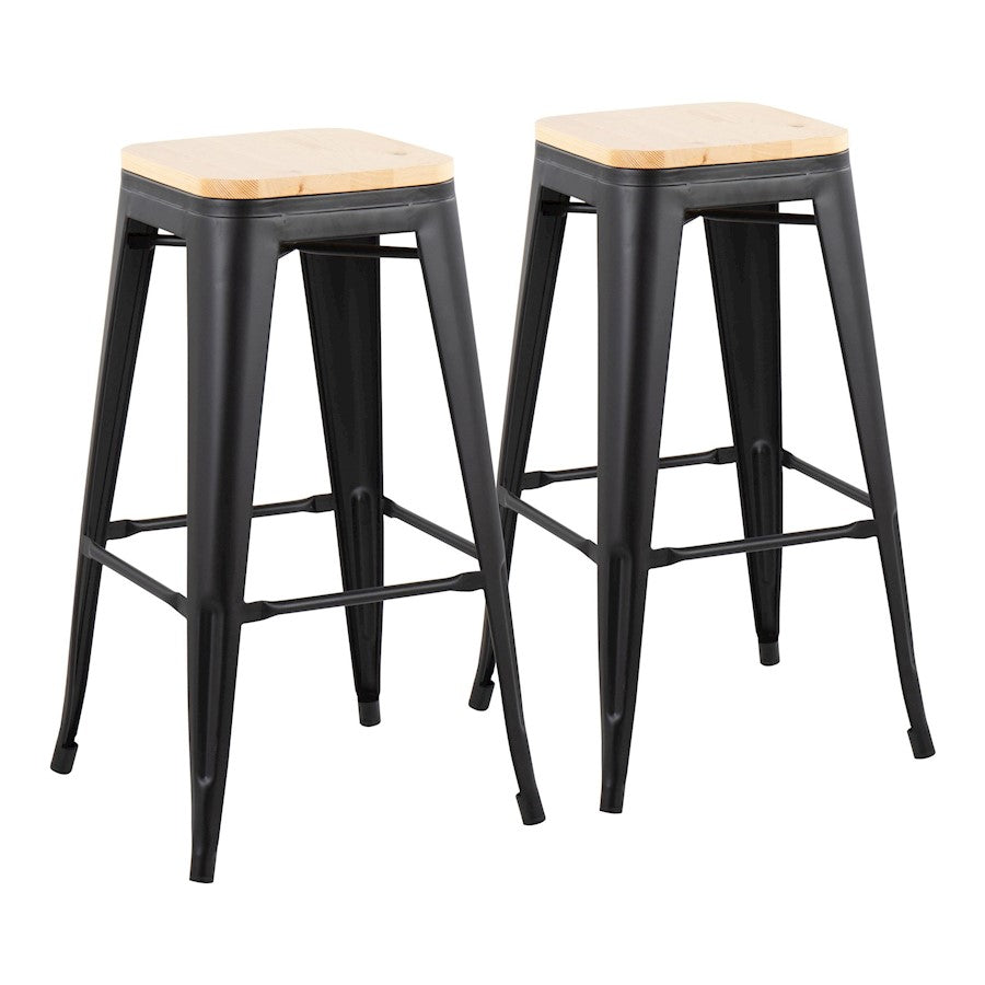 LumiSource Oregon 30in Barstool Set of 2 | Industrial Black Steel and Natural Wood | Kitchen Island & Bar Seating | Model B30-OREGONBKNA2