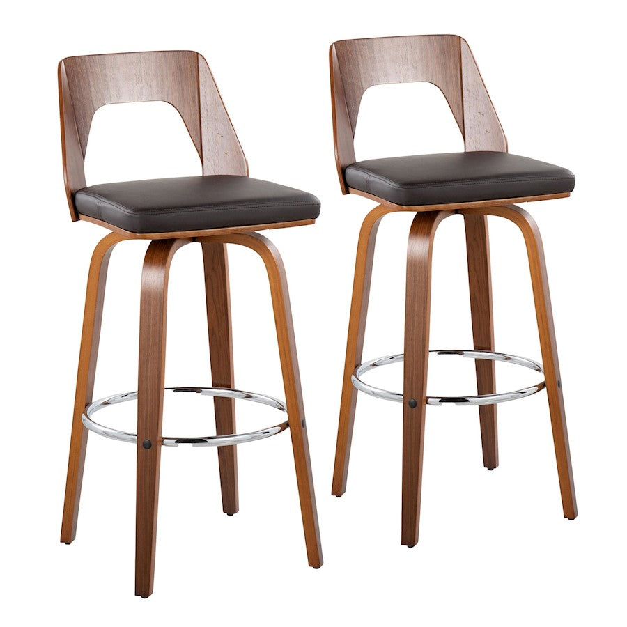 LumiSource Trilogy 40in Barstool Set of 2 | Mid-Century Walnut Wood and Brown PU with Chrome | Kitchen Island & Bar | Model B30-TRILO2-SWVRWLBN2