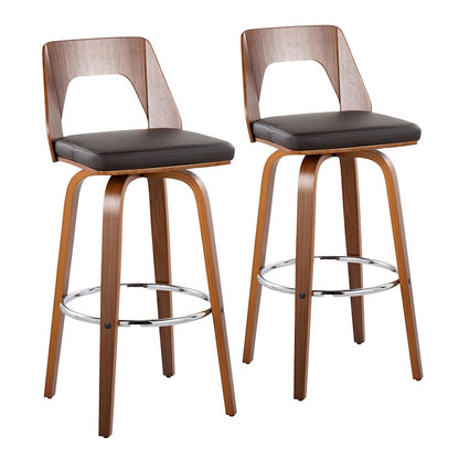 LumiSource Trilogy 40in Barstool Set of 2 | Mid-Century Walnut Wood and Brown PU with Chrome | Kitchen Island & Bar | Model B30-TRILO2-SWVRWLBN2