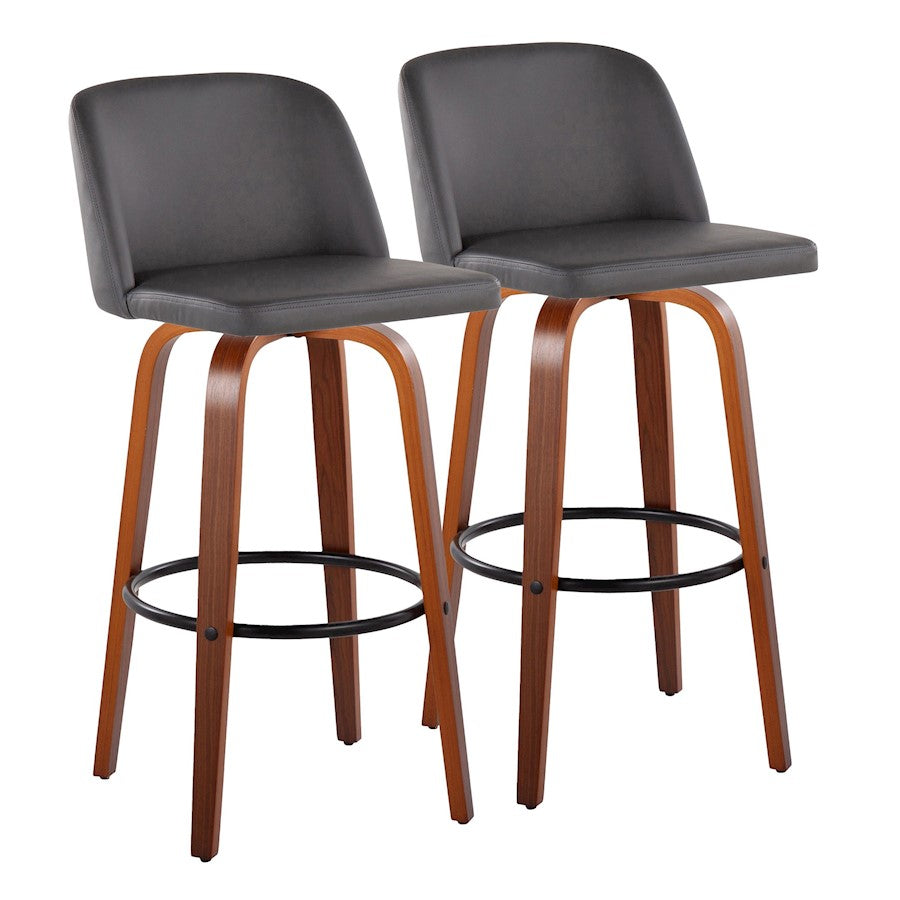 LumiSource Toriano 30in Barstool Set of 2 | Mid-Century Walnut Wood, Grey PU, Black Metal | Kitchen Island & Bar | Model B30-TRNOPU-GRTZQ2WLGY2