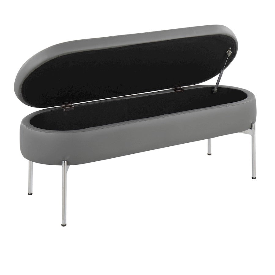 LumiSource Chloe 48in Storage Bench | Glam Chrome and Grey PU Faux Leather | Entryway & Bedroom Seating with Hidden Storage | Model BC-CHLOESTORGY
