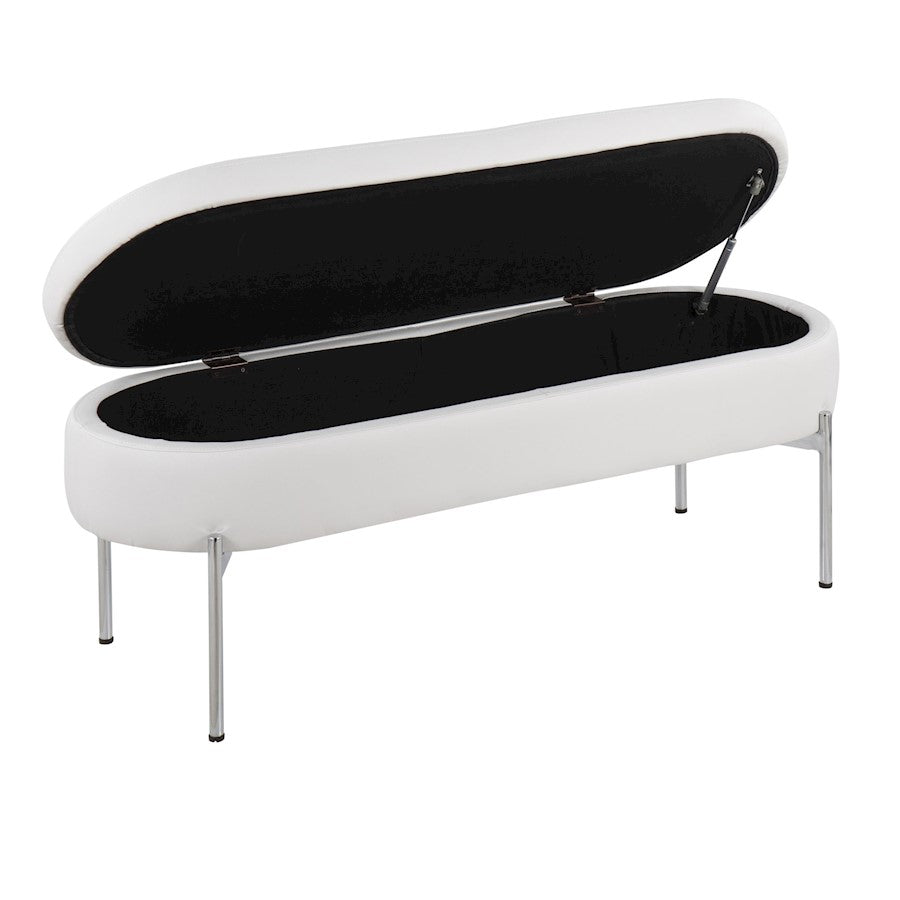 LumiSource Chloe 48in Storage Bench | Glam Chrome and White PU Faux Leather | Entryway & Bedroom Seating with Hidden Storage | Model BC-CHLOESTORW