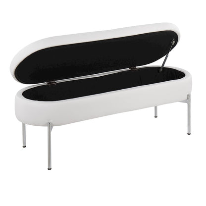 LumiSource Chloe 48in Storage Bench | Glam Chrome and White PU Faux Leather | Entryway & Bedroom Seating with Hidden Storage | Model BC-CHLOESTORW