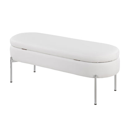 LumiSource Chloe 48in Storage Bench | Glam Chrome and White PU Faux Leather | Entryway & Bedroom Seating with Hidden Storage | Model BC-CHLOESTORW