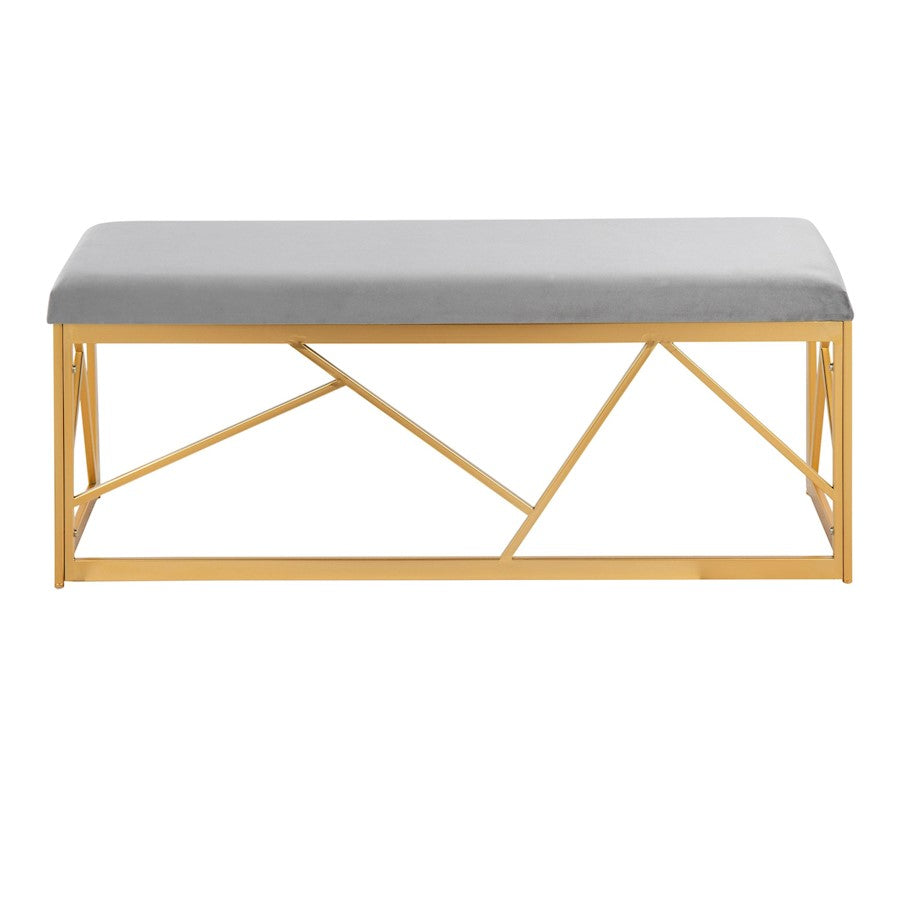 LumiSource Folia 44in Metal Bench | Contemporary Gold Steel and Grey Velvet | Entryway & Bedroom Seating | 44 x 14.5 x 17.5 in | Model BC-FOLIAAUVGY