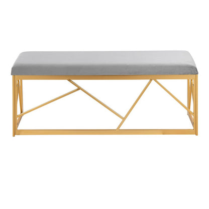 LumiSource Folia 44in Metal Bench | Contemporary Gold Steel and Grey Velvet | Entryway & Bedroom Seating | 44 x 14.5 x 17.5 in | Model BC-FOLIAAUVGY