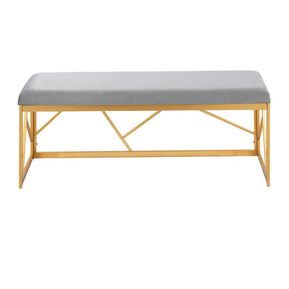 LumiSource Folia 44in Metal Bench | Contemporary Gold Steel and Grey Velvet | Entryway & Bedroom Seating | 44 x 14.5 x 17.5 in | Model BC-FOLIAAUVGY