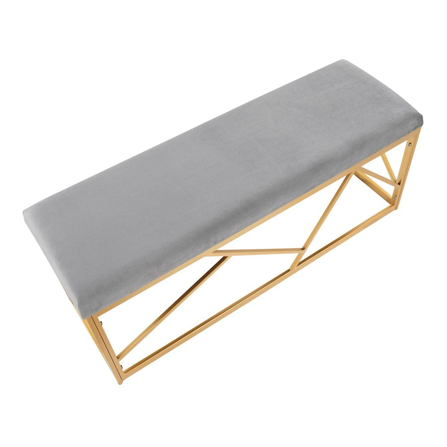 LumiSource Folia 44in Metal Bench | Contemporary Gold Steel and Grey Velvet | Entryway & Bedroom Seating | 44 x 14.5 x 17.5 in | Model BC-FOLIAAUVGY