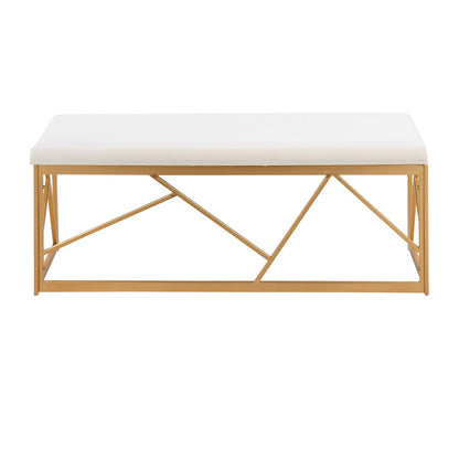 LumiSource Folia 44in Metal Bench | Glam Gold Steel Frame and White Velvet Cushion | Entryway & Bedroom Seating | Model BC-FOLIAAUVW