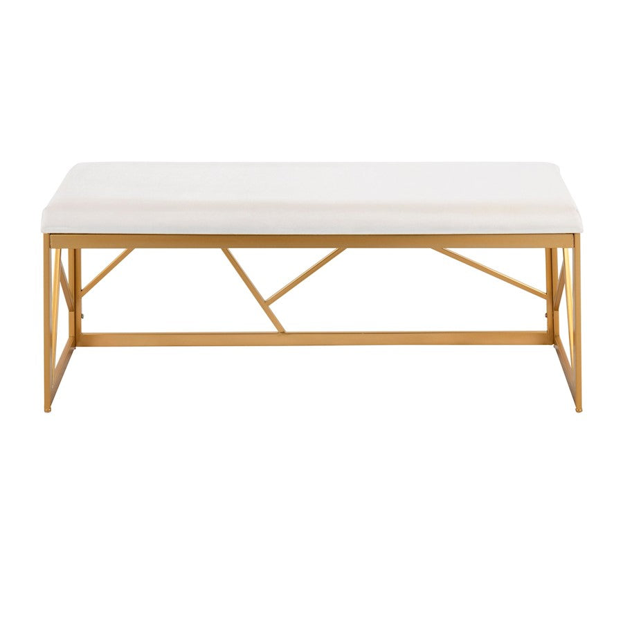 LumiSource Folia 44in Metal Bench | Glam Gold Steel Frame and White Velvet Cushion | Entryway & Bedroom Seating | Model BC-FOLIAAUVW