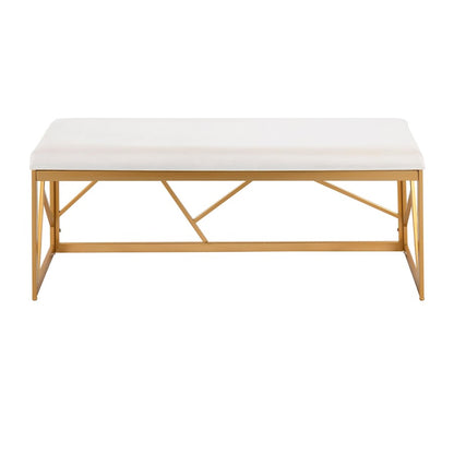 LumiSource Folia 44in Metal Bench | Glam Gold Steel Frame and White Velvet Cushion | Entryway & Bedroom Seating | Model BC-FOLIAAUVW