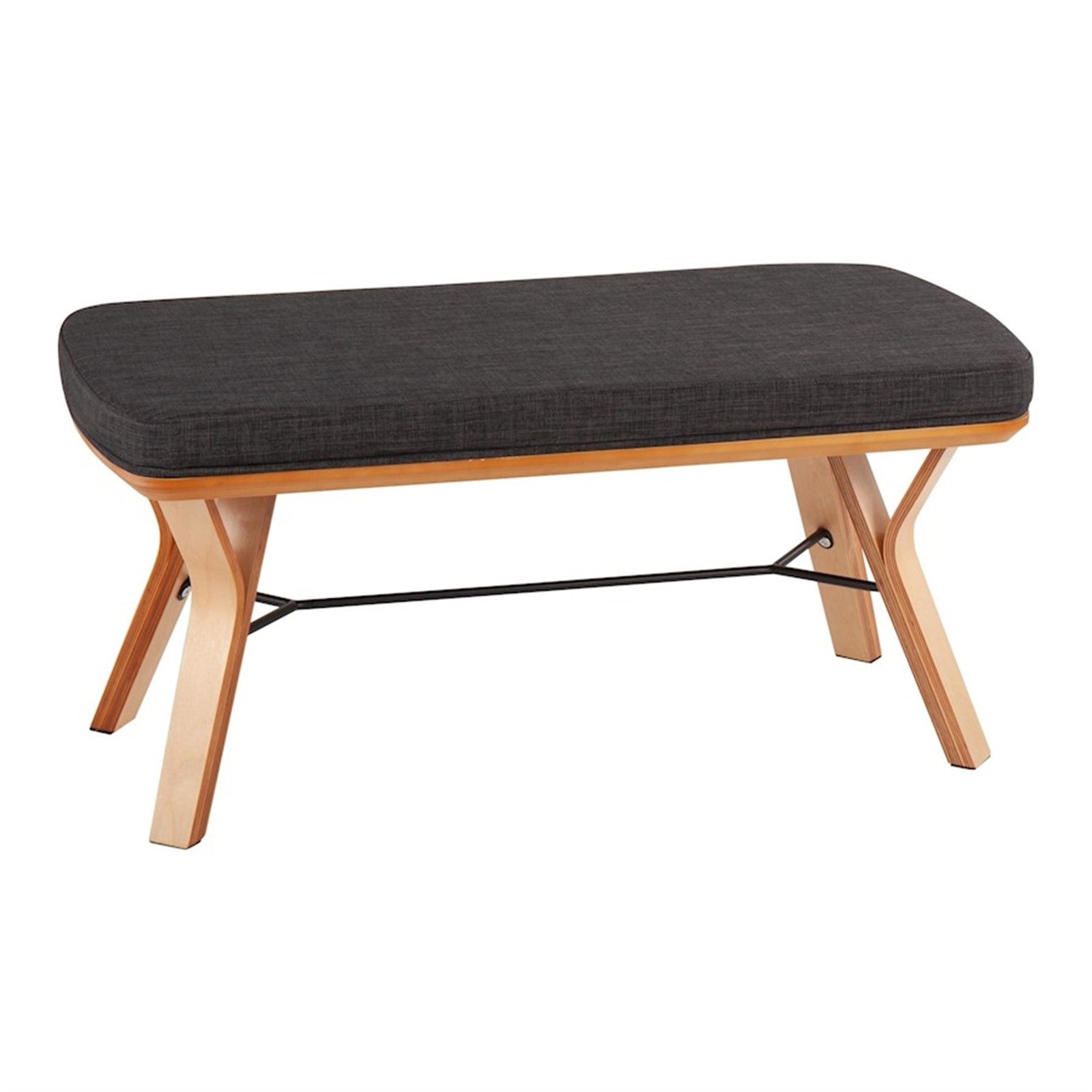 LumiSource Folia 42in Bench | Mid-Century Natural Wood Frame and Charcoal Fabric Cushion | Entryway & Bedroom Seating | Model BC-FOLIANACHAR