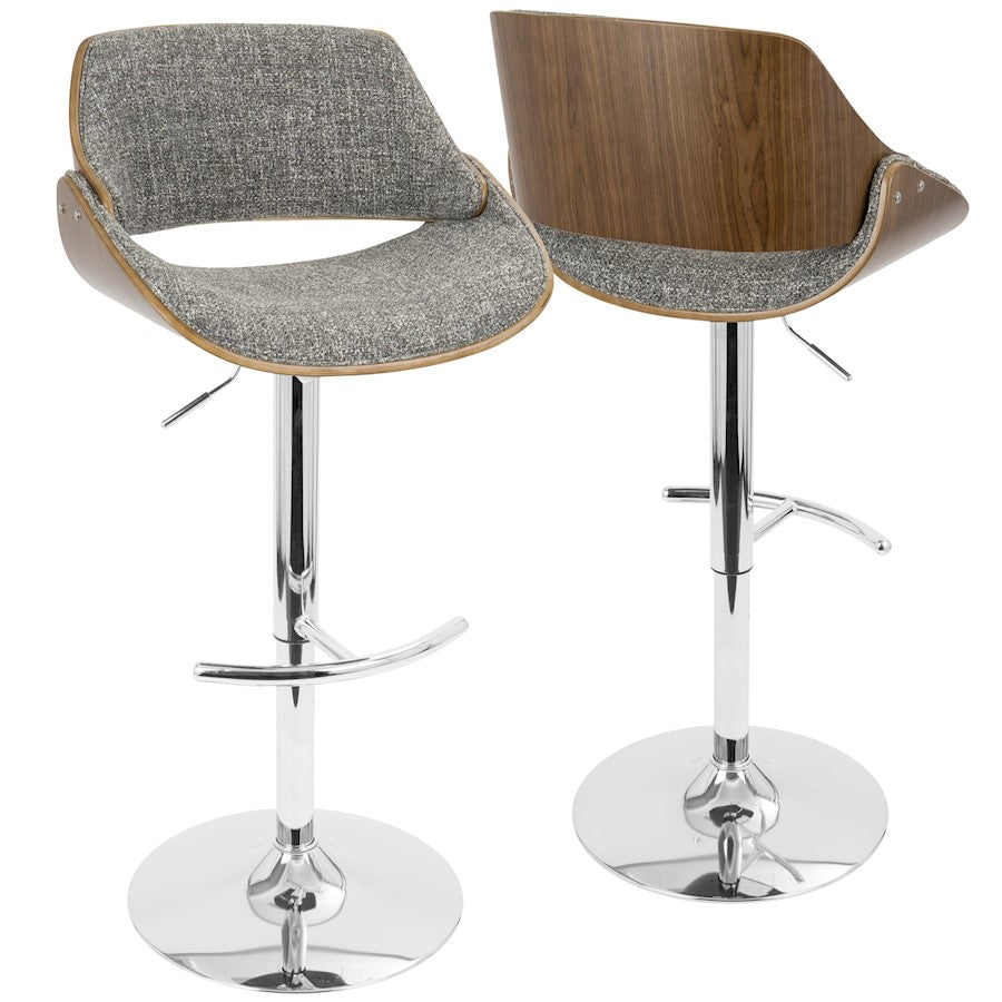 LumiSource Fabrizzi Adjustable Bar Stool Set of 2 | Mid-Century Chrome, Walnut & Grey Fabric | Kitchen Island & Home Bar | Model BS-FBZZ2-SWVRTWLGY2