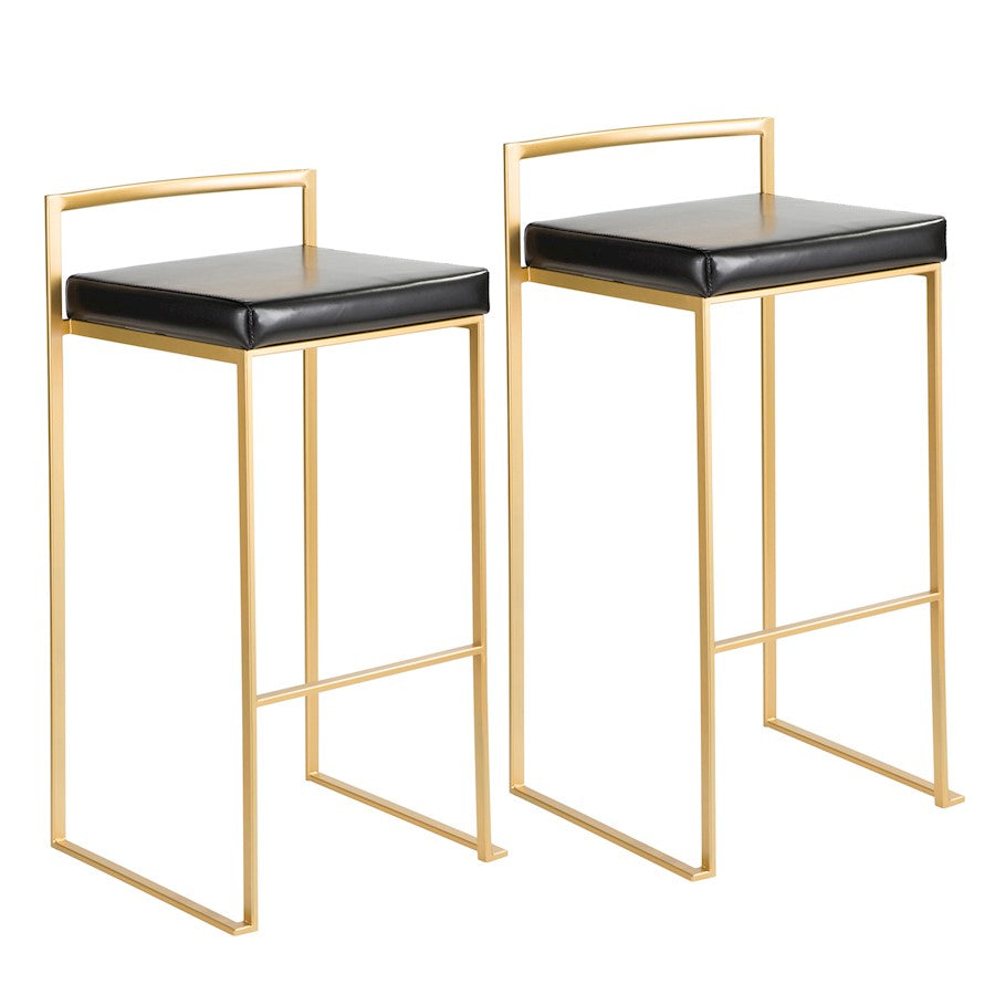 LumiSource Fuji 34in Barstool Set of 2 | Glam Gold Metal and Black Faux Leather | Kitchen Island & Home Bar Seating | Model BS-FUJIAU-BK2