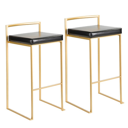 LumiSource Fuji 34in Barstool Set of 2 | Glam Gold Metal and Black Faux Leather | Kitchen Island & Home Bar Seating | Model BS-FUJIAU-BK2