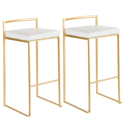LumiSource Fuji 34in Barstool Set of 2 | Glam Gold Metal and White Faux Leather | Kitchen Island & Home Bar Seating | Model BS-FUJIAU-W2