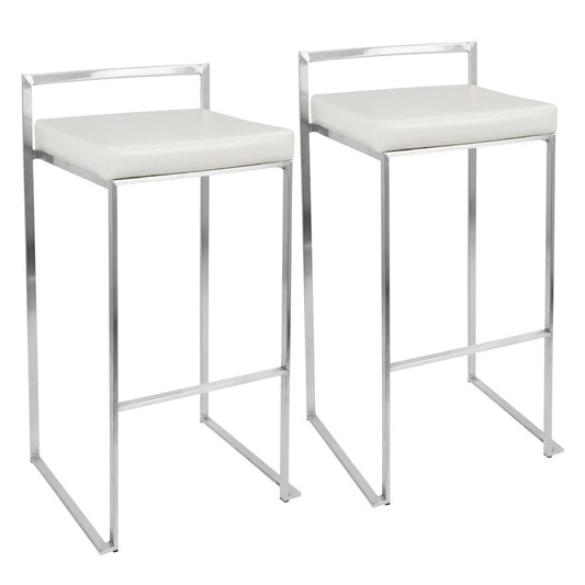 LumiSource Fuji 17.5in Bar Stool Set of 2 | Contemporary White PU Leather and Stainless Steel | Kitchen, Bar & Break Room Seating | Model BS-FUJIW2