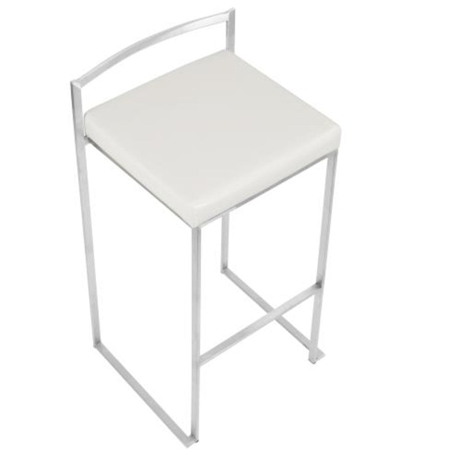LumiSource Fuji 17.5in Bar Stool Set of 2 | Contemporary White PU Leather and Stainless Steel | Kitchen, Bar & Break Room Seating | Model BS-FUJIW2