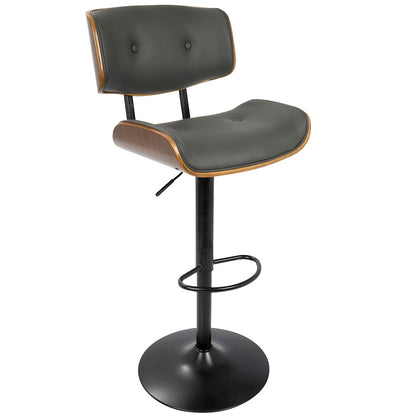 LumiSource Lombardi 21in Adjustable Bar Stool | Mid-Century Walnut and Grey PU Leather with Metal Base | Kitchen Island & Home | Model BS-JY-LMBWL-GY