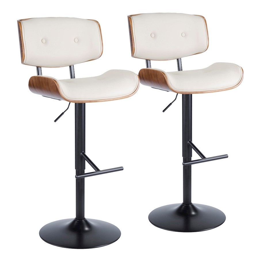 LumiSource Lombardi Adjustable Barstool Set of 2 | Mid-Century Black Walnut & Cream PU | Kitchen & Bar Seating | Model BS-LMB2-SWVTWLCR2