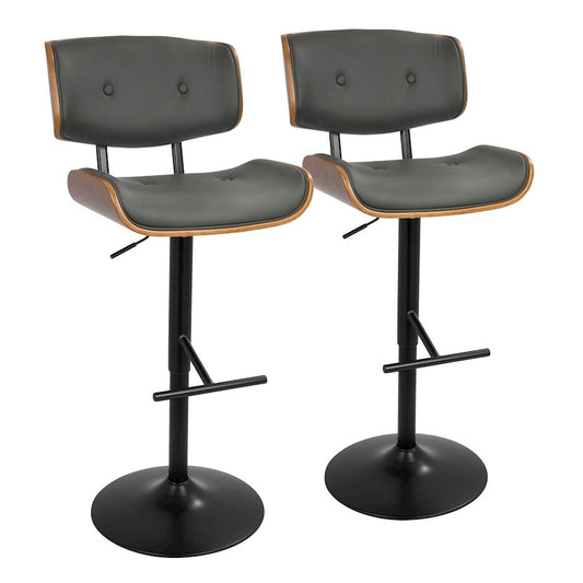 LumiSource Lombardi Adjustable Barstool Set of 2 | Mid-Century Black Walnut & Grey PU | Kitchen & Bar Seating | Model BS-LMB2-SWVTWLGY2