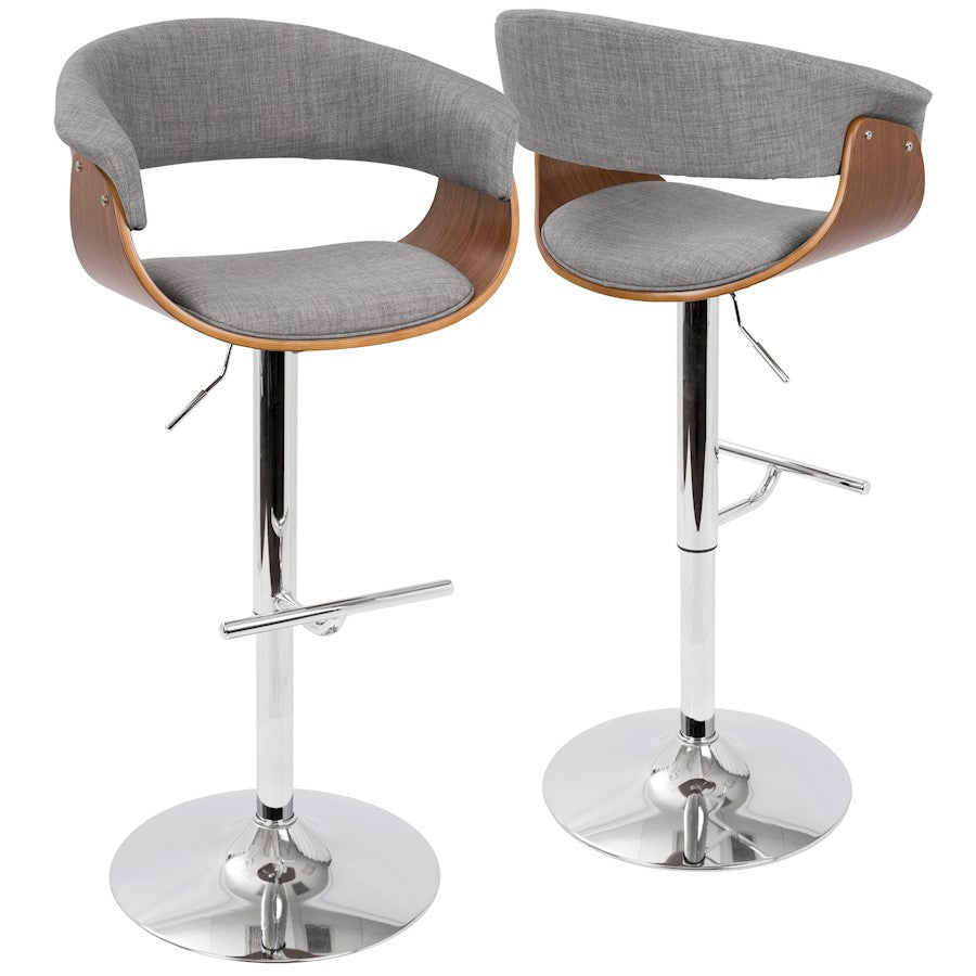 LumiSource Vintage Mod 24in Adjustable Bar Stool | Mid-Century Walnut and Light Grey Fabric with Chrome | Kitchen Counter & Home | Model BS-VMOWL-LGY