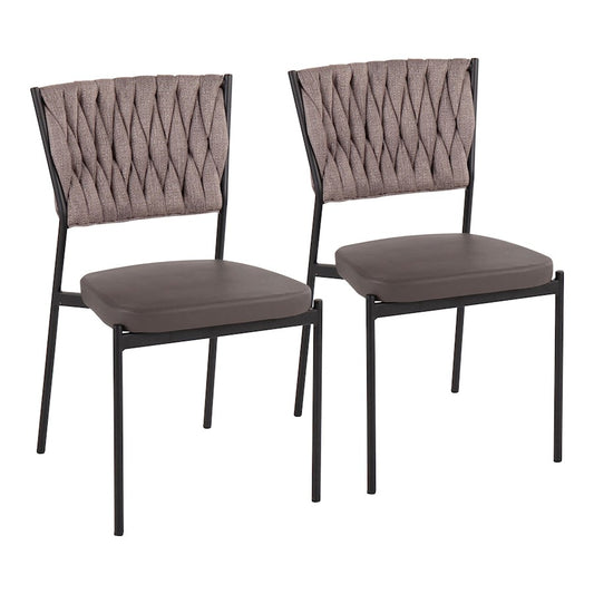 LumiSource Braided Tania Chair Set of 2 | Black Metal, Grey PU & Light Brown Fabric | Dining & Accent Seating | Model CH-BRAIDTANIABKGYLBN2