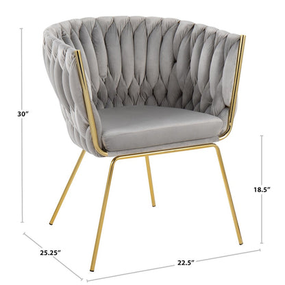LumiSource Braided Renee Chair 22.5in W | Gold Metal and Silver Velvet Accent Chair | Living Room & Dining Seating | Model CH-BRDRENEEAUVSV