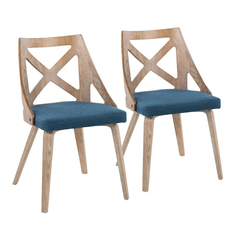 LumiSource Charlotte Chair Set of 2 | White Washed Wood and Blue Fabric Dining Chair | Farmhouse Dining Room & Kitchen | Model CH-CHARLOTWWBU2