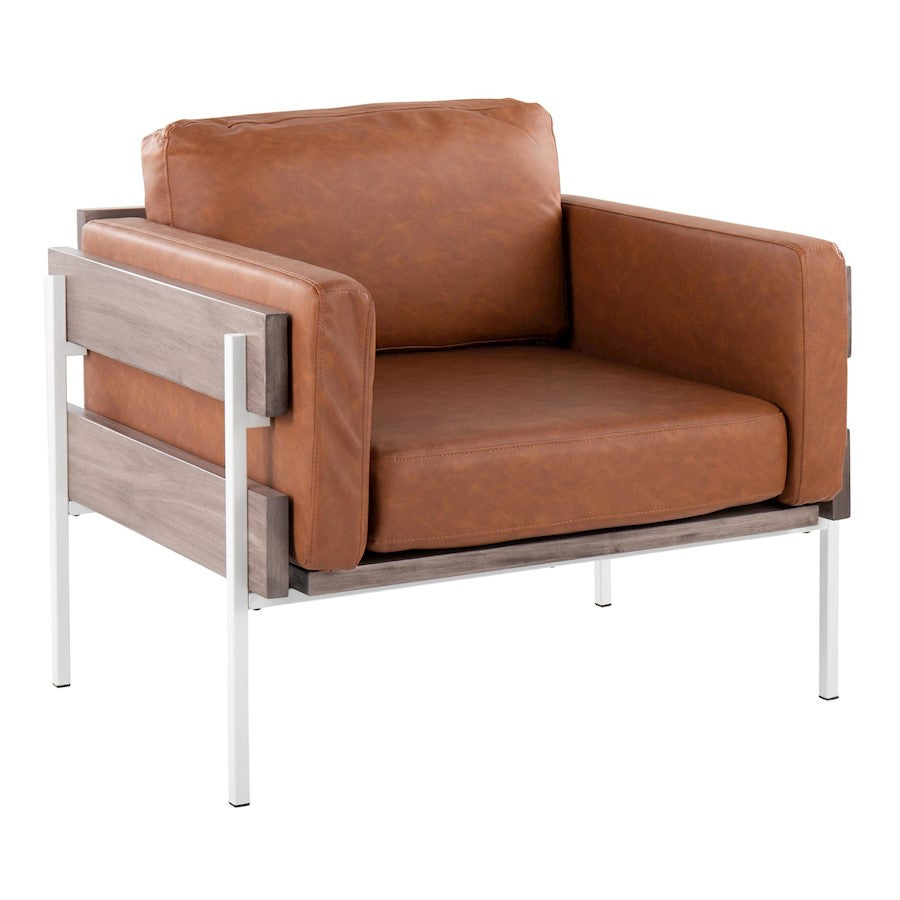 LumiSource Kari Accent Chair | White Metal, Grey Wood, Camel PU | Living Room & Lounge Seating | 36 W x 30 D x 30.5 H in | Model CHR-KARIPU2WGYCAM